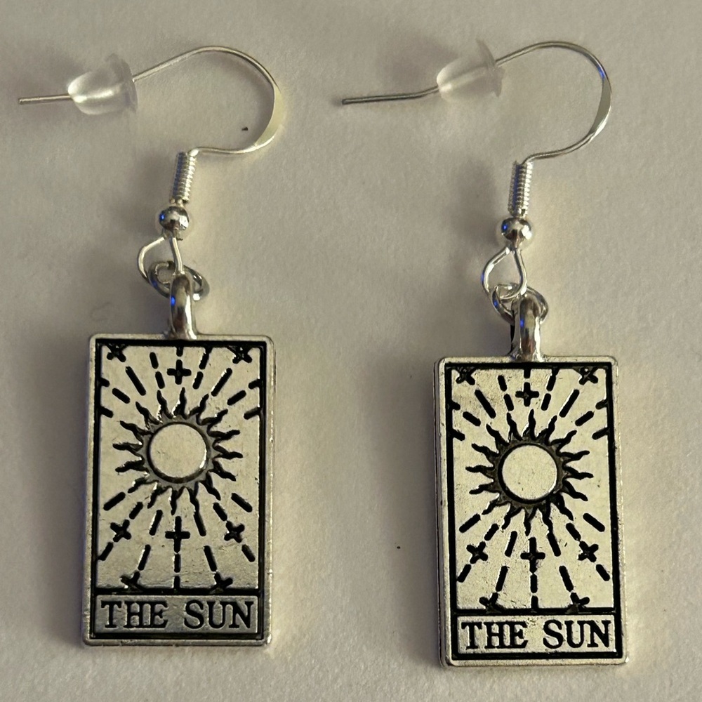 NWOT earrings Tarot Card “The Sun” etched cards, Silvertone metal, pierced hook